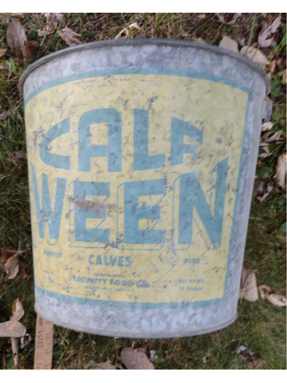 Vtg Calf Ween Galvanized Farm Feed Bucket Advertising Security Foods MN